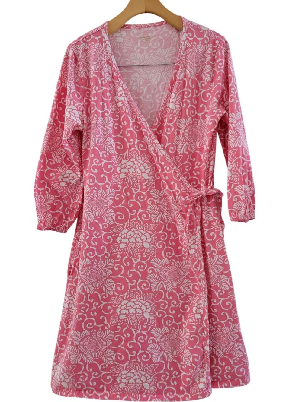 Garnet Hill Pink floral Organic Cotton Wrap Robe size Sleepwear Cottagecore